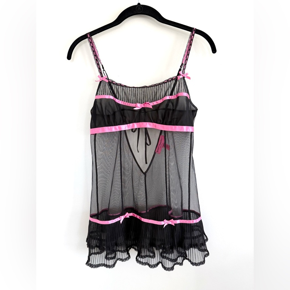 Betsey Johnson Intimates Black & Pink Sheer Bows Lace Babydoll Lingerie Size S